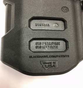Recalled gun holster marking “2101213 A”
